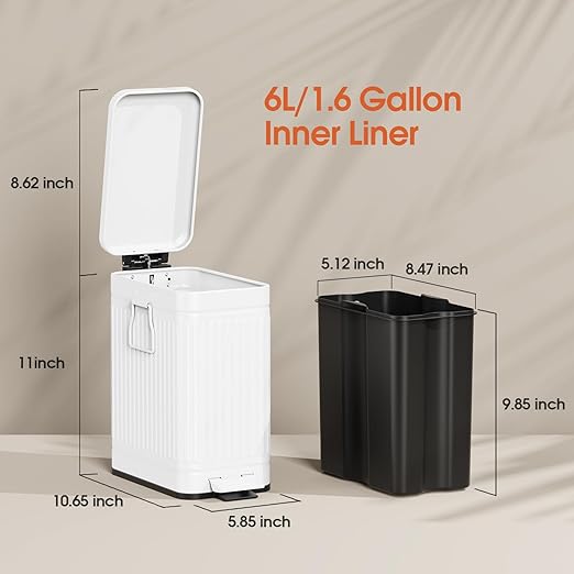 Small Bathroom Trash Can with Lid Soft Close, 6L / 1.6 Gallon Stainless Steel Small Garbage Can with Step Pedal, Slim Waste Basket for Bedroom, Toilet, Office - White