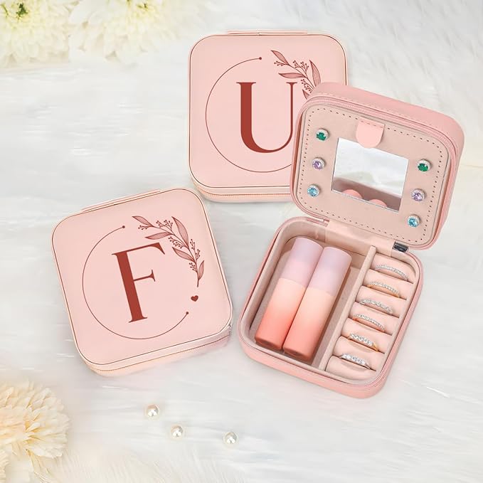 SANDJEST Personalized Jewelry Box, Pink Small Travel Jewelry Box with Initial F, Monogrammed Jewelry Case Organizer for Girls Women Teen, Mini Travel Essentials Gifts for Christmas Birthday