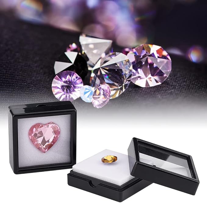 BENECREAT 12PCS Black Gemstone Display Box, Square Acrylic Diamond Jewellery Tray Box Container with Clear Lids and Sponge for Gems, Stone, Pendants, Crystal