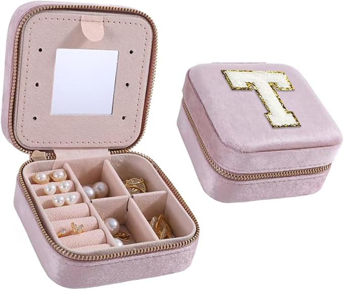 Personalized Velvet Travel Jewelry Case Jewelry Box for Women Ring Necklace Earring Holder Organizer Box with Mirror for Girls Jewelry Birthday Gifts for Mom Initial (Pink, T)