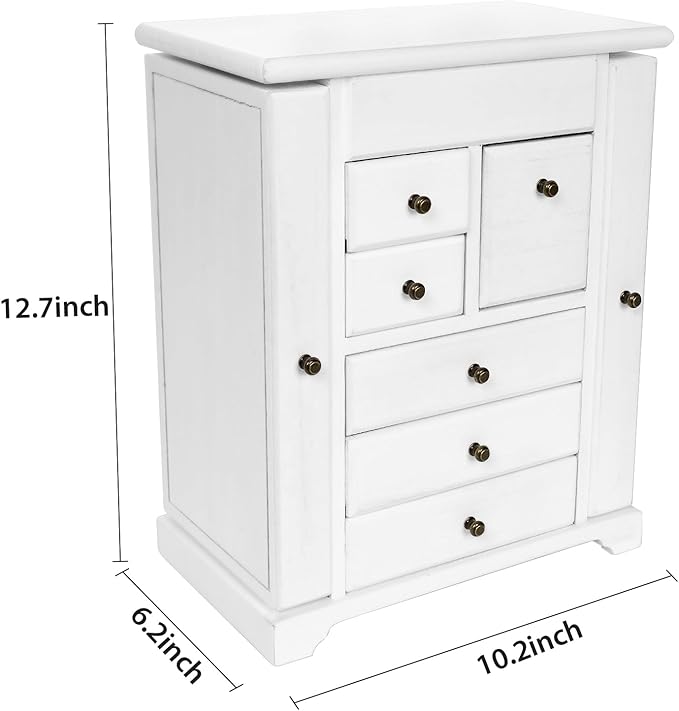 Jewelry Box for Women, Rustic Wooden Jewelry Boxes & Organizers with Mirror & Drawers,6 Layer Jewelry Organizer Box for Rings Earrings Necklaces Bracelets ((Weathered White)