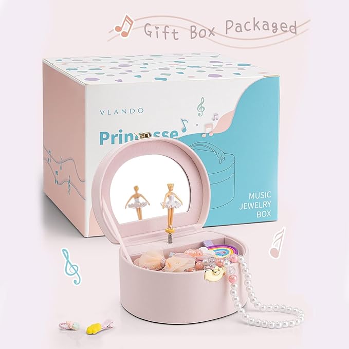 VLANDO Musical Jewelry Box for Girls, Small Kid Music Box with Ballerina for Party Bedroom Decor, Bithday Gift for Girl - Light Pink