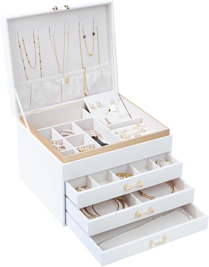 Jewelry Box for Women,4-Layer Leather Jewelry Holder Organizer with 3 Drawers Large Jewelry Storage Boxes, Lots of Storage Space For Ring,Necklace,Bracelets,Earring(White)