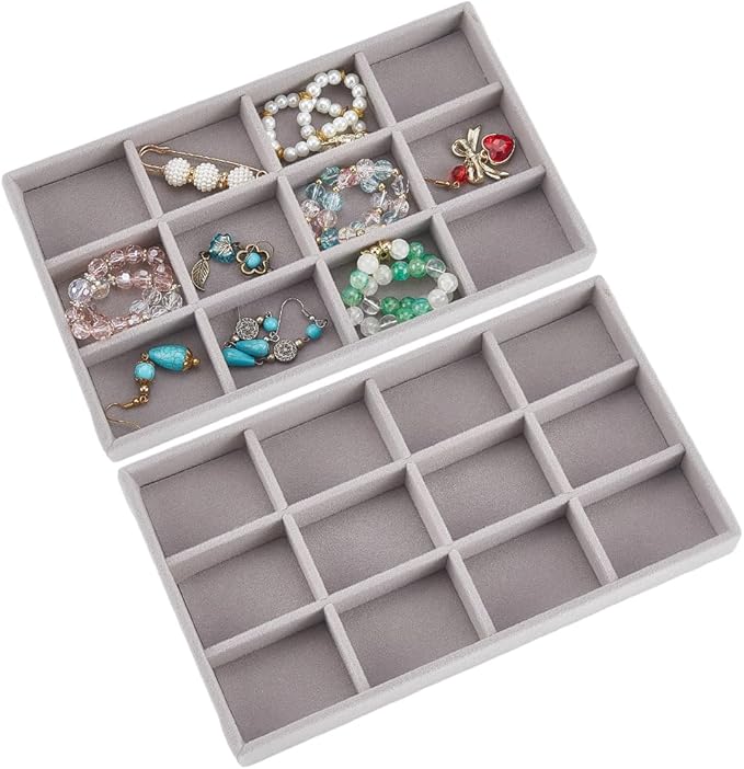2Pcs 5 x 8.3 Inch Velvet Jewelry Trays Stackable Jewelry Organizer Removable Divider 12 Grids Divided Gray Necklace Storage Container Box Dresser Drawer Case for Earring Ring Display Showcase
