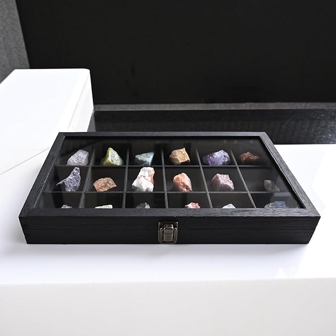 MOOCA Wooden Jewelry Display Case with Tempered Glass Lid & 18 Compartments Tray, Rock Collection Box, Crystal Display Case, Black Color