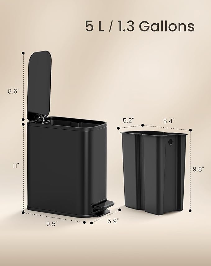 Cesun Small Bathroom Trash Can with Lid Soft Close, Step Pedal, 5 Liter / 1.3 Gallon Stainless Steel Garbage Can with Removable Inner Bucket, Waste Basket for Bathroom, Bedroom (Matte Black)
