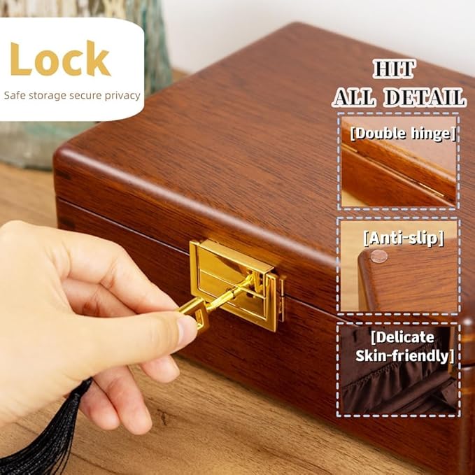 Solid Walnut Wood Jewelry Box with Lock, 2 Layer Velvet Jewelry Organizer Storage Lined for Earrings Rings Necklaces Bracelets Cufflink Gift Idea for Men Women, Vintage Brown