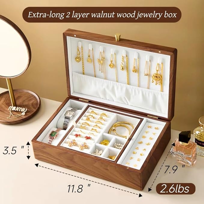 Bescott 2 Layer Solid Black Walnut Wooden Jewelry Box for Women Wood Vintage Organizer for Men Earrings Rings Necklaces Bracelet Watch Storage