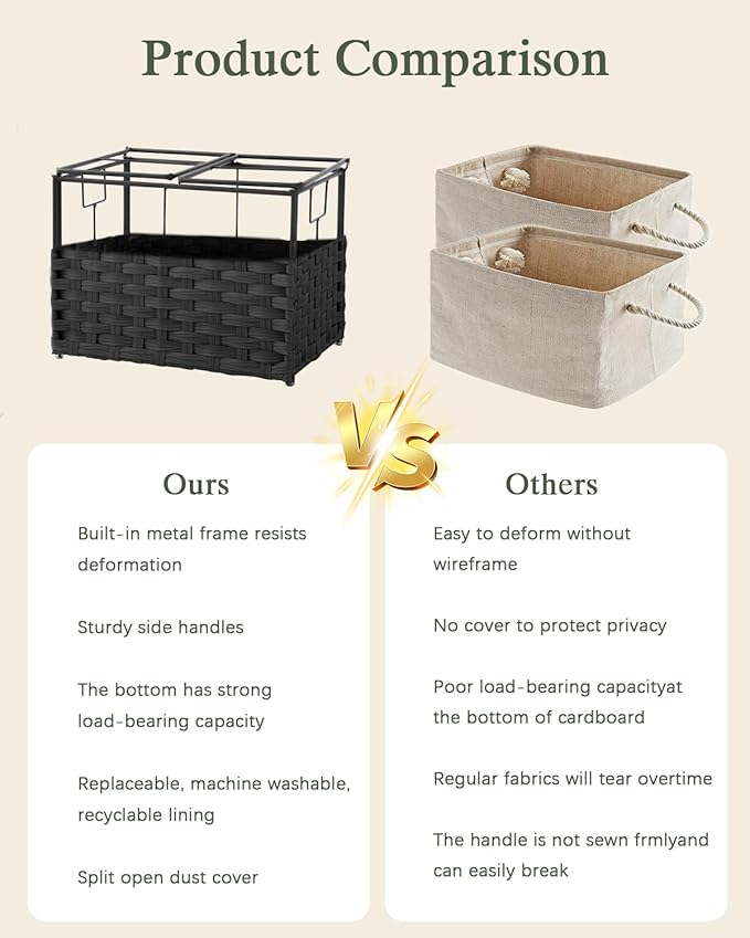SETVSON Storage Basket with Lid Woven Wicker Baskets with 2 Separate Lid, 9.2 Gallon (35 L) Wicker Storage Bins with Handles, Foldable and 2 Removable Liner Bags for Bedroom, Laundry Room Black