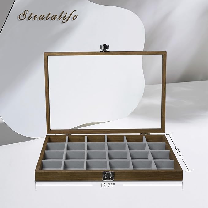 Stratalife Jewelry Organizer Vintage Jewelry Display Case Earring Box Wood Ring Storage with Lid Earrings Holder for Women Drawers 24 Grid