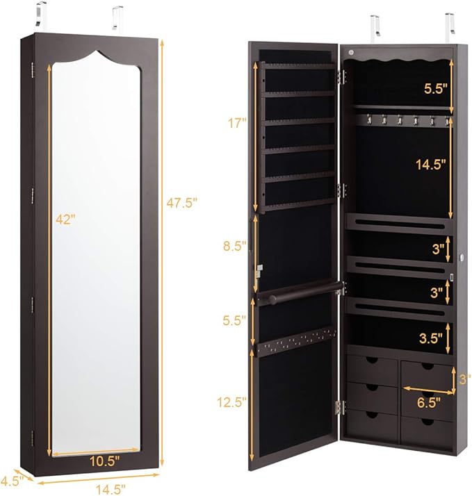 Giantex Wall Door Mounted Jewelry Cabinet with Full Length Mirror, Lockable Over Door Jewelry Armoire with LED Lights, 47.5" Large Jewelry Storage Organizer with 6 Drawers, Espresso