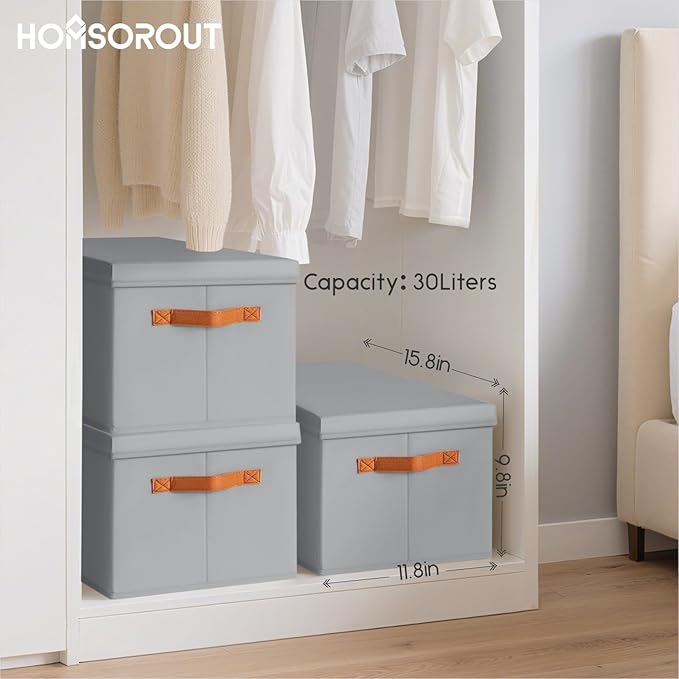 Homsorout Storage Bins with Lids - Large Fabric Closet Bins with Lid, 6 Pack Clothes Organizers and Storage, Collapsible Stackable Cube Basket for Home, Office, Dorm, Grey