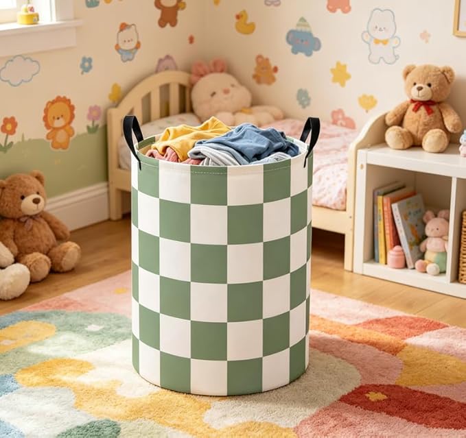 Baby Laundry Basket Baby Nursery Hamper Kids Laundry Basket Toy Storage Bin for Boys Room Decor Gift Baskets for Bedroom Bathroom(Green Checkered)