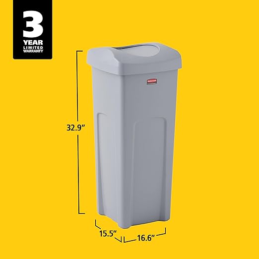 Rubbermaid Commercial Products Square Trash/Garbage Container with Untouchable Swing Top Lid, 23-Gallon, Gray, Perfect for Outdoor/Restaurant/School/Kitchen