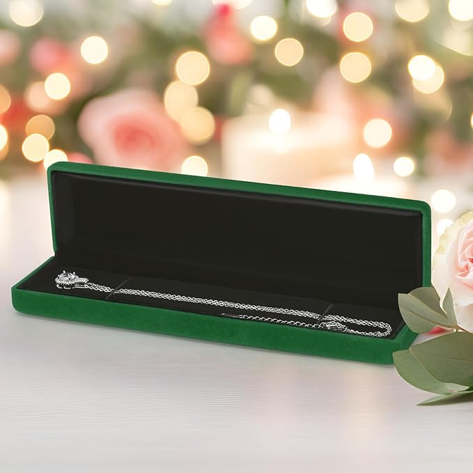 KUKUVR 2 Pieces Metal Velvet Necklace Bracelet Gift Box, Soft Lining Bracelet Pendant Long Chain Organizer Holder Display Case for Wedding Engagement Birthday Anniversary (Green)