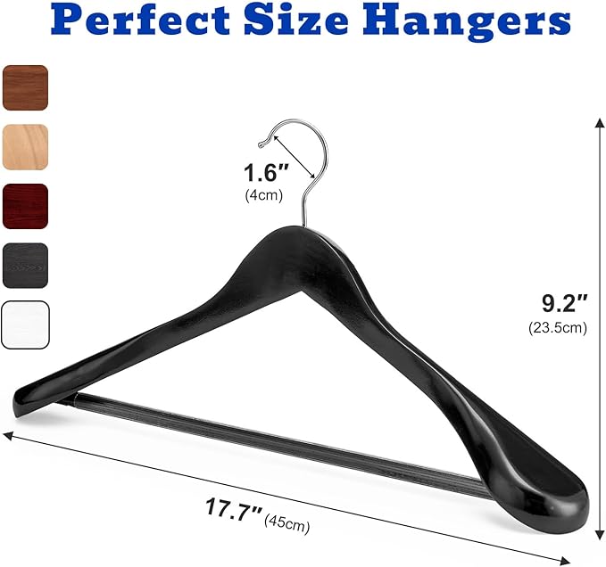 HOUSE DAY Wood Suit Hangers for Men 24 Pack, Smooth Wide Shoulder Wooden Hangers with Non Slip Pant Holder, Wide Hangers for Suits, Coats, Jackets, Heavy Wide Clothes Hanger, Black