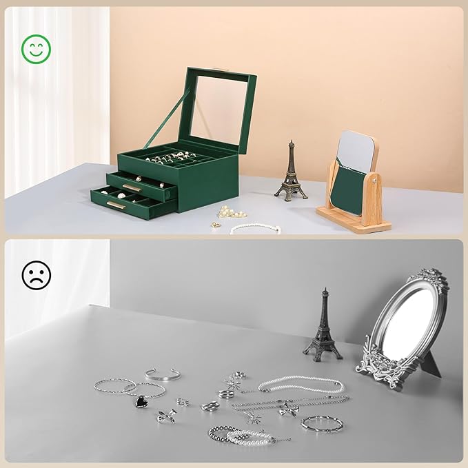 Somduy Jewelry Box Organizer for Women,3 Layers PU Leather Jewelry Storage Display Box with Glass Lid,Gift for people,3 Drawers,Large Capacity for Necklace Earrings Bracelets Rings, Dark Green
