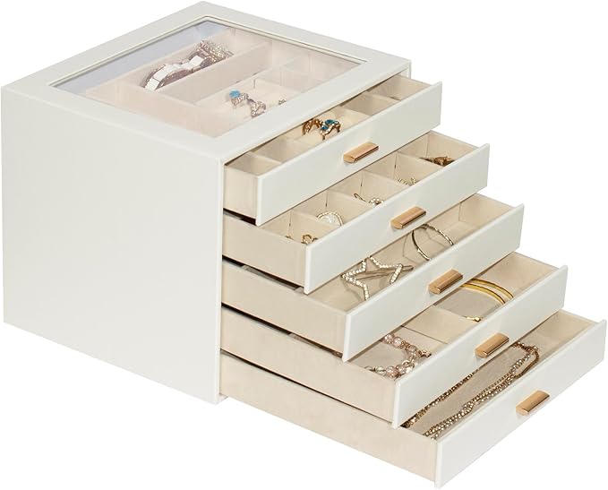 Jewelry Box with Glass Lid, 5-Layer Jewelry Organizer for Women Girls, PU Leather Display Case with 20-Grid Earring Tray & Movable Dividers for Necklaces Rings - Cloud White