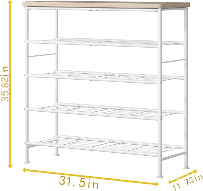 SUOERNUO Shoe Rack Organizer 5 Tier for Closet Entryway Free Standing Metal Storage Shoe Shelf with MDF Top Board,White+Oak