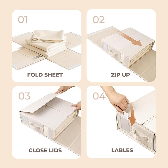 12Pack Linen Sheet Organizers for Linen Closet - King/Queen Size Bedding Storage Boxes with Clear Window | Foldable, Dustproof Sheet Storage Organizer for Blankets & Sheet Sets,Off-white