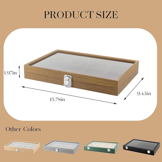 KOOAAICCHI Jewelry Organizer Tray 12 Grid Velvet Jewelry Storage Box with Clear Lid Jewelry Display Case with Lock Bracelet Earring Ring Organizer Showcase Gifts for Girls Women-12 Grid Wooden Brown