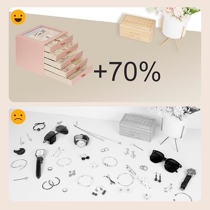 Jewelry Box with Glass Lid, 5-Layer Jewelry Organizer for Women Girls, PU Leather Display Case with 20-Grid Earring Tray & Movable Dividers for Necklaces Rings,Pink