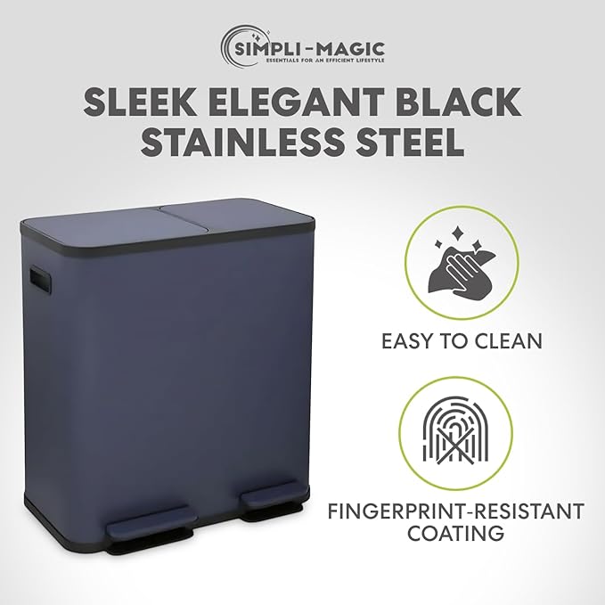 Simpli-Magic 70 Liter / 18.5 Gallon Rectangular Hands-Free Dual Compartment Recycling Kitchen Step Trash Can with Soft-Close Single Lid, Stainless Steel (40L x 30L Capacity), Blue