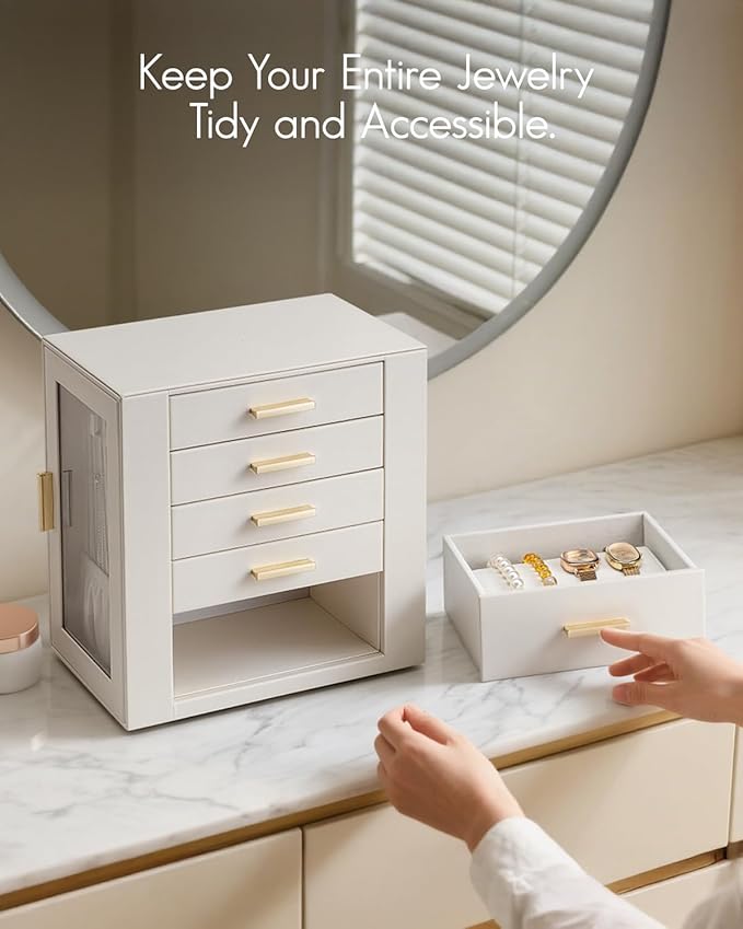 VLANDO 360ー Rotating Jewelry Box with 5 Drawers, Mothers Day Mom Gifts, Large Jewelry Storage with 2 Glass Window, PU Leather Jewelry Organizer for Bracelets, Necklaces, Earrings, Rings - Cloud White
