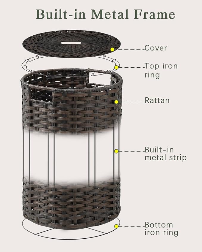 SETVSON Laundry Hamper with Lid, 19.0 Gal (72 L) Round Wicker Laundry Basket, Handwoven Rattan Basket with Lid, Removable Bag, 2 Mesh Bags, Handles for Living Room, Bathroom, Brown