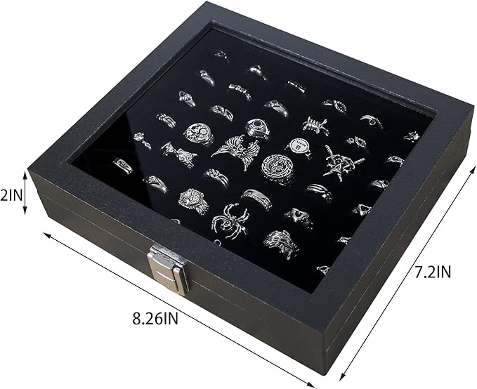 Pangkeep Ring Organizer Display Case,Black Jewelry Storage Tray Boxes for Multiple Rings,Glass Lid,Stackable. (42 Slots)