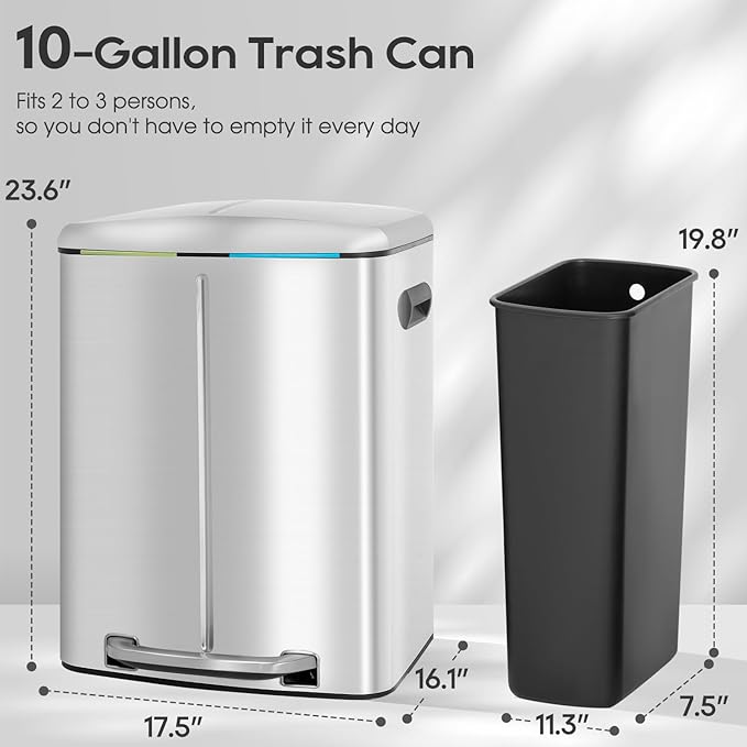 FDW | 10 Gallon Trash Can with Lid | Stainless Steel | Fingerprint-Proof | Made of Stainless Steel | Soft-Close Step Pedal | Hands-Free Use | Easy to Clean | for Kitchen, Office, Bathroom