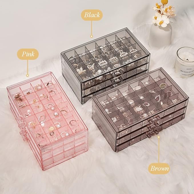 YUFONG Earring Storage Box Organizer 3 Drawers Acrylic Jewelry Storage Box Holder Transparent Jewelry Display Stand with 72 Small Compartments Gift for Women Girls (Clear Black)