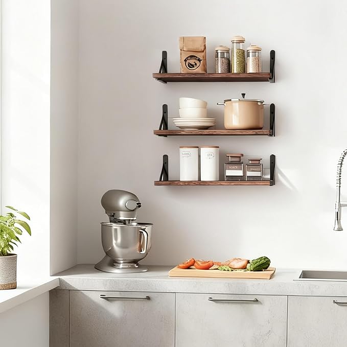 Fixwal Wall Shelves Floating Shelves for Wall Bedroom Bathroom Living Room Kitchen Storage and Decor(Brown, Set of 3, 16.5 Inch)