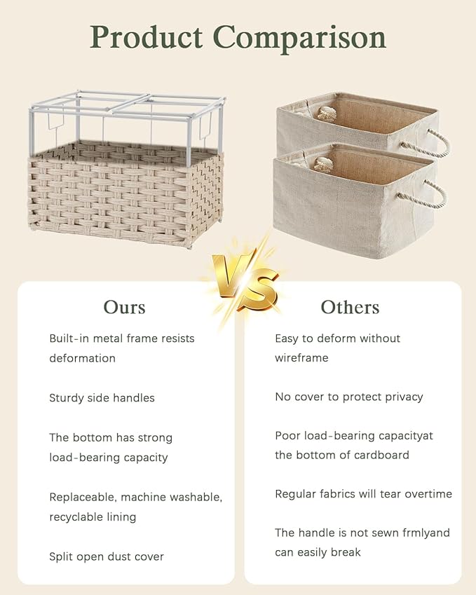 SETVSON Storage Basket with Lid Woven Wicker Baskets with 2 Separate Lid, 9.2 Gallon (35 L) Wicker Storage Bins with Handles, Foldable and 2 Removable Liner Bags for Bedroom, Laundry Room Light Khaki