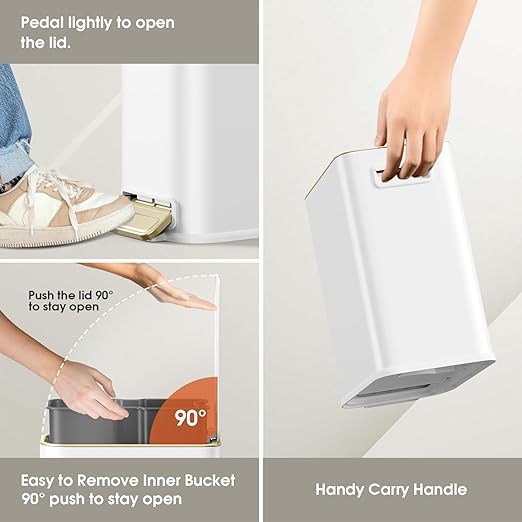 Small Bathroom Trash Can with Lid Soft Close, 5L / 1.3 Gallon Slim Garbage Can with Removable Inner Bucket, Step Stainless Steel Trash Bin for Office, Bathrooms, Bedroom, Living Room (White)