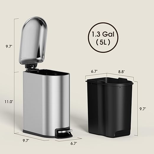 CEROELDA Small Bathroom Trash Can with Lid Soft Close, 5L/1.3 Gallon Stainless Steel Slim Garbage Can, Metal Waste Basket with Step Pedal, for Office, Bedroom, Toilet, Dorm Room (Silver, 1.3 Gallon)