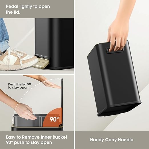 Small Bathroom Trash Can with Lid Soft Close, 5L / 1.3 Gallon Slim Garbage Can with Removable Inner Bucket, Step Stainless Steel Trash Bin for Office, Bathrooms, Bedroom, Living Room (Black)