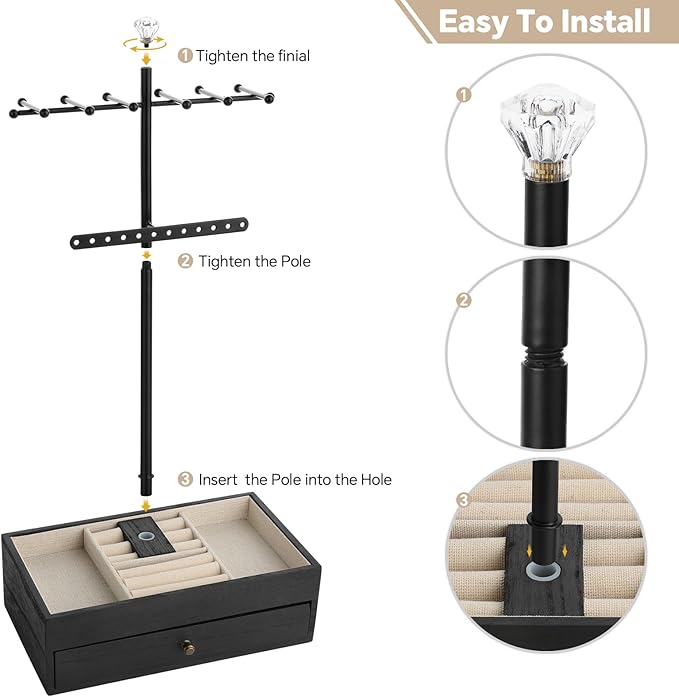 Meangood Jewelry Organizer Stand, 3-Tier Necklace Holder Jewelry Tree with Wooden Storage Drawer Box for Necklace Bracelet Earring Ring,Black
