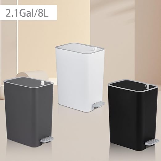 rejomiik Small Bathroom Trash Can with Lid, 2.1 Gallon Step Garbage Can with Handle, Slim Mini Wastebasket Bin for Bedroom, Office, Dorm, Dark Gray