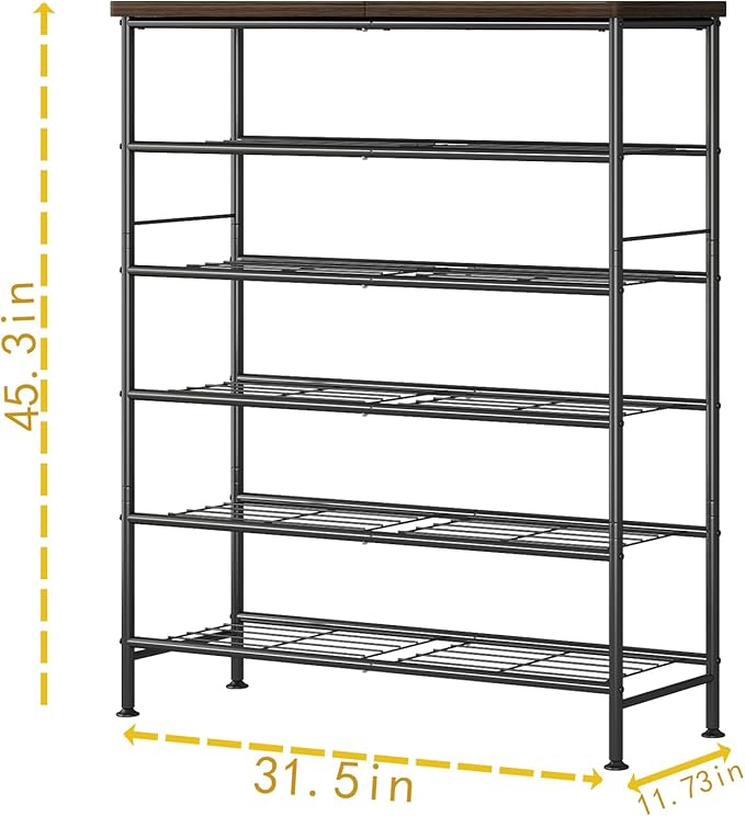 SUOERNUO Shoe Rack Organizer 6 Tier for Closet Entryway Free Standing Metal Storage Shoe Shelf with MDF Top Board,Black