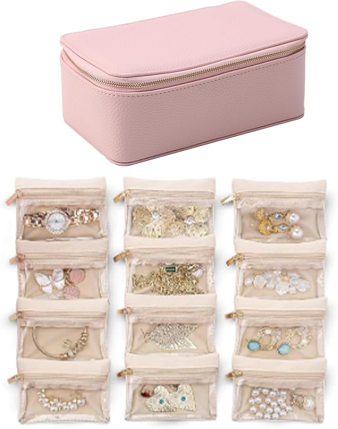NCONCO Travel Jewelry Box, Portable PU Leather Travel Jewelry Organizer with 12pcs Velvet Bags Compact & Lightweight Travel Jewelry Case for Necklaces Rings Earrings Sorting Storage