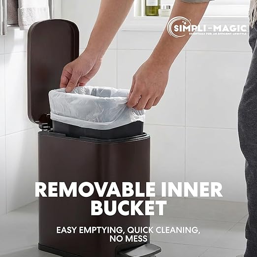 SIMPLI-Magic 6L/1.6G Stainless Steel Bathroom Trash Can with Hands-Free Foot Pedal, Quiet Soft-Close Lid, Compact Space-Saving Size