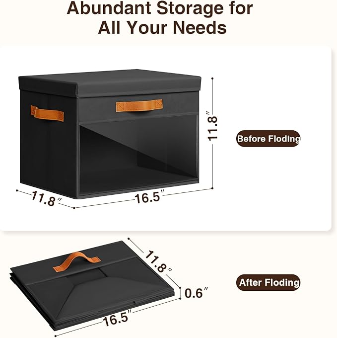 Homsorout Large Storage Bins with Lids - 4 Pack Foldable Decorative Organizers with Clear Windows & Handles, Cube Storage Organizers for Clothes, Blankets, Sweaters, Sheets, Black