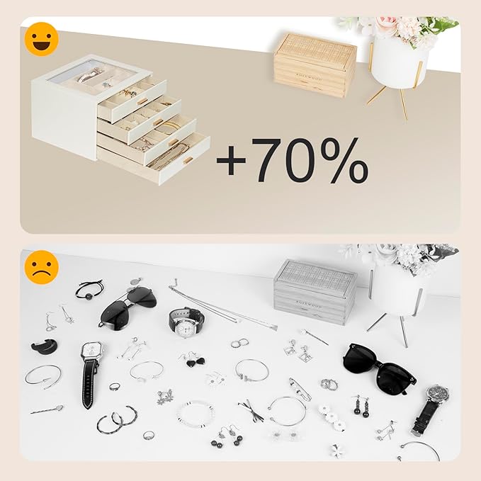 Jewelry Box with Glass Lid, 4-Layer Jewelry Organizer for Women Girls, PU Leather Display Case with 20-Grid Earring Tray & Movable Dividers for Necklaces Rings - Cloud White