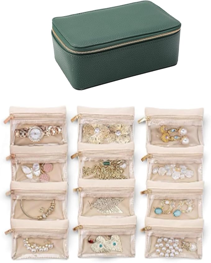 NCONCO Travel Jewelry Box, Portable PU Leather Travel Jewelry Organizer with 12pcs Velvet Bags Compact & Lightweight Travel Jewelry Case for Necklaces Rings Earrings Sorting Storage