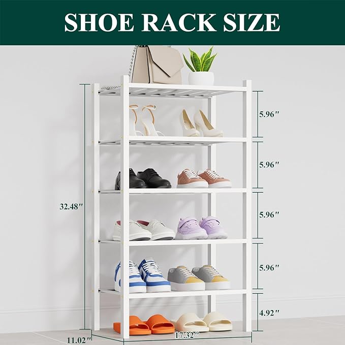 Smiry Shoe Rack, 5 Tier Thick Small Bamboo Shoe Organizer, Stackable Free Standing Wooden Shoe Storage Shelf for Closet, Entryway, Front Door Entrance, White