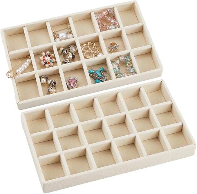 2Pcs 5 x 8.3 Inch Jewelry Box Tray Velvet Jewelry Drawer Insert Antique White 18 Grids Divided Stackable Necklace Storage Container Dresser Drawer Case for Earring Rings Display Showcase