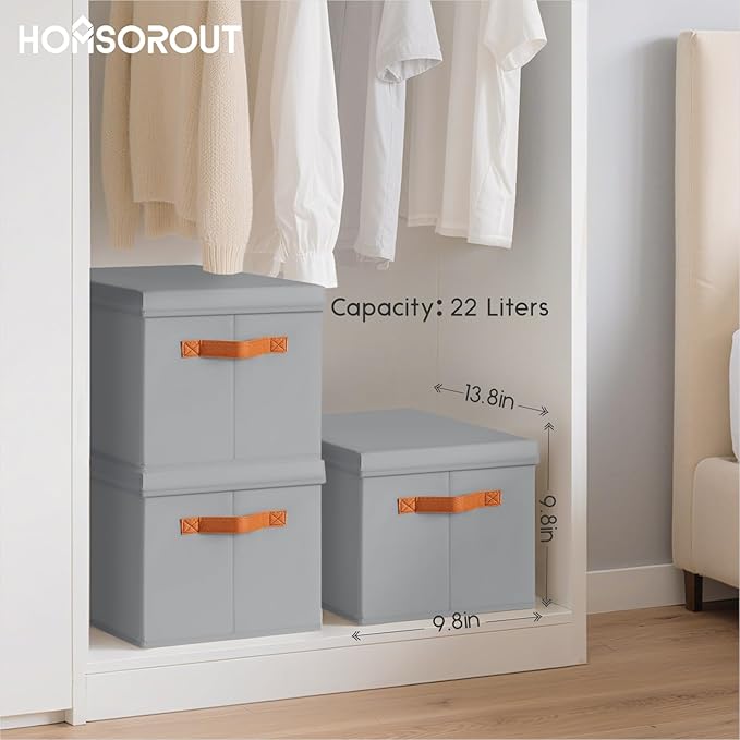 Homsorout Storage Bins with Lids - Fabric Storage Baskets for Shelves, 4 Pack Foldable Decorative Boxes with Handles, Stackable Organizer Bins for Home, Nursery, Dorm, Grey