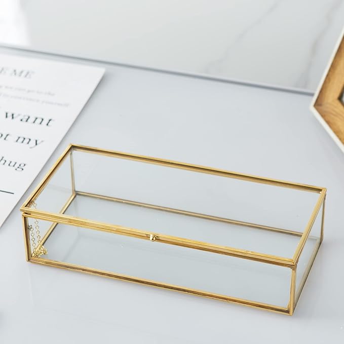 Vintage Glass Keepsake Box, Rectangle Jewelry Display Organizer Box Vanity Lidded Box Home Decor Accent Decorative Box for Storage Trinket Rings Bracelet