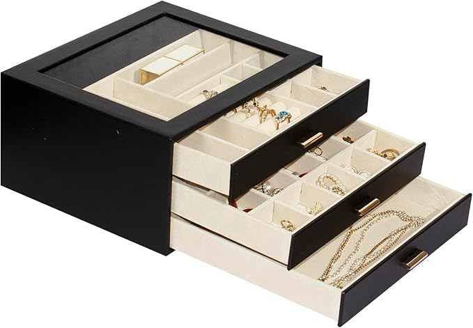 Jewelry Box with Glass Lid, 3-Layer Jewelry Organizer for Women Girls, PU Leather Display Case with 20-Grid Earring Tray & Movable Dividers for Necklaces Rings,Black